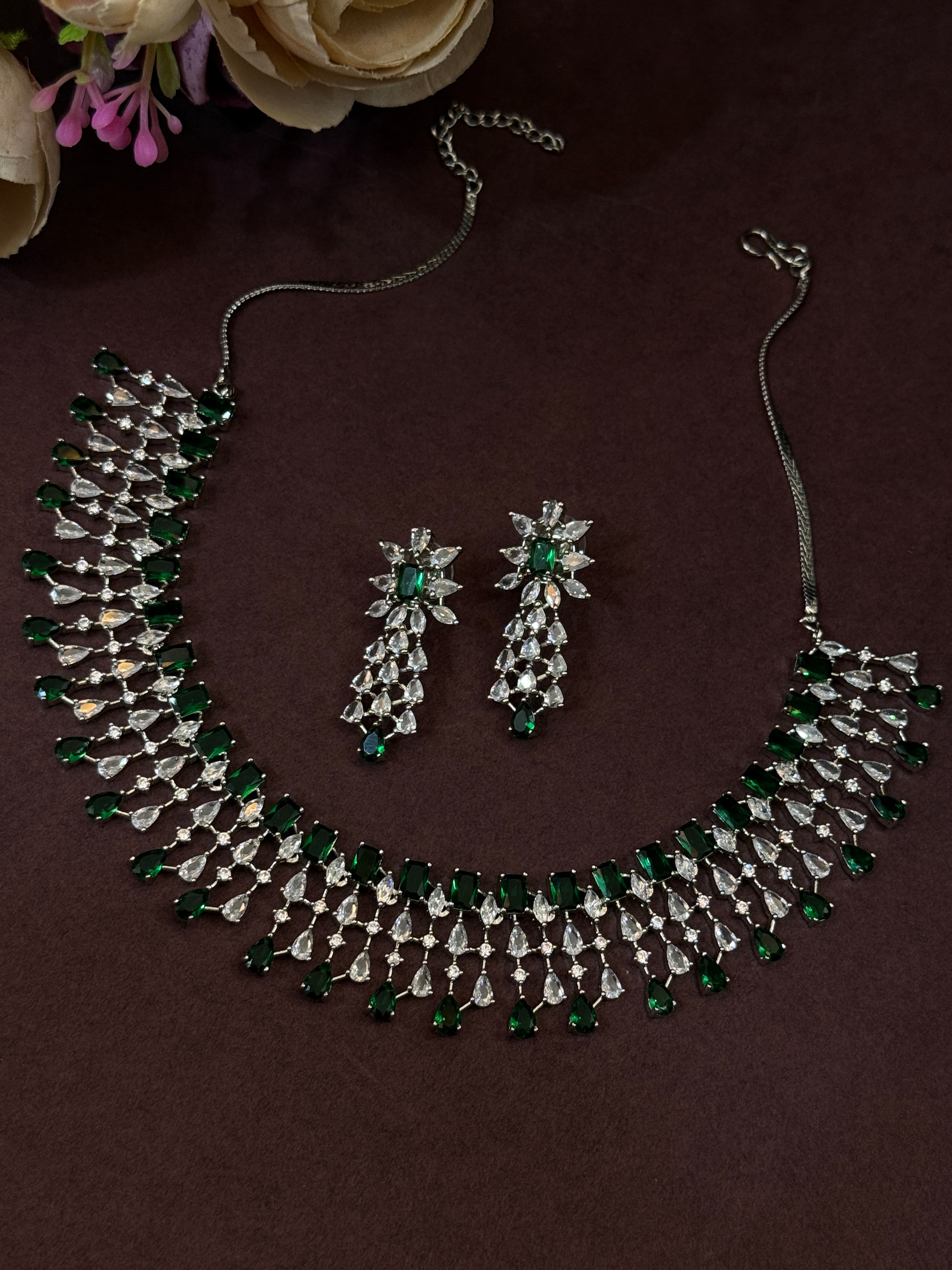 Emerald Elegance American Diamond Necklace Set